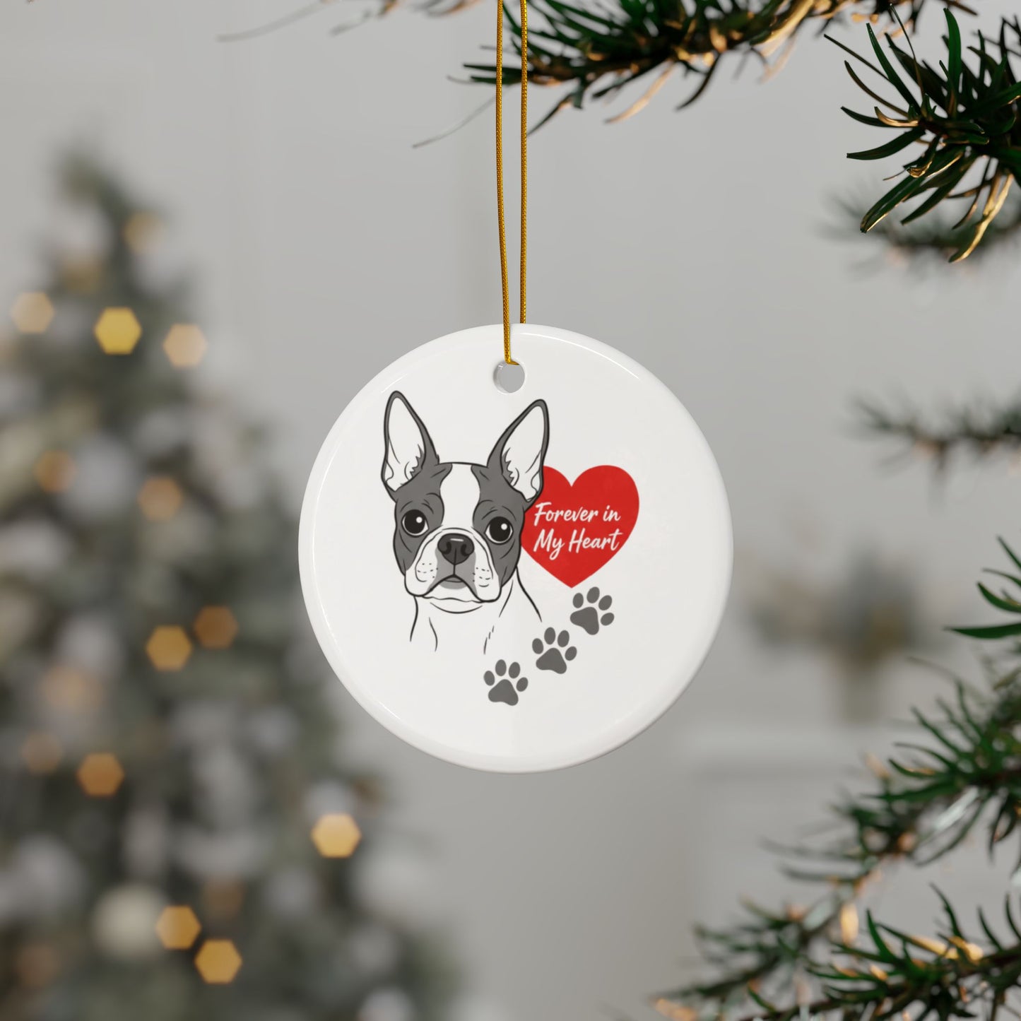 Boston Terrier Memorial Ceramic Ornament — "Forever in My Heart" Double-Sided Pet Keepsake
