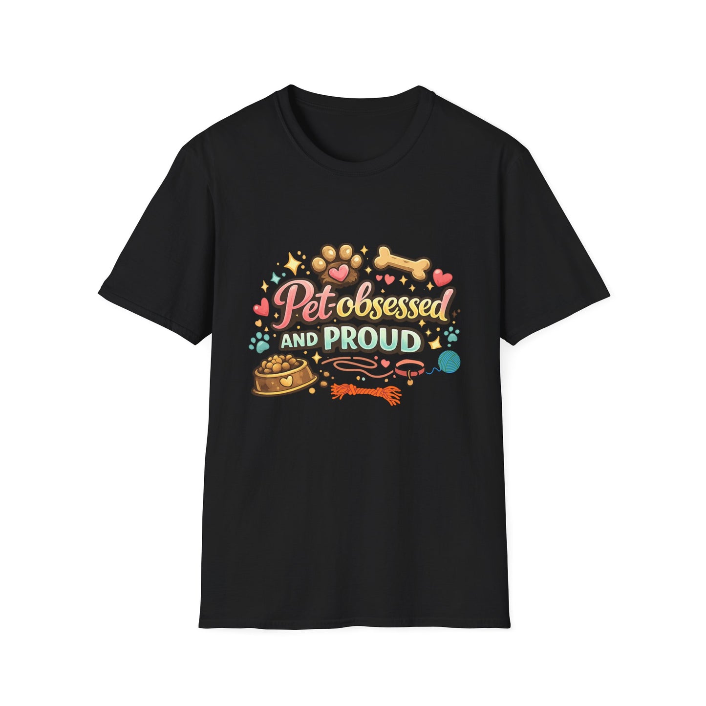 Pet Obsessed And Proud T-Shirt — Cute Paw, Bone & Bowl Graphic Tee for Pet Lovers
