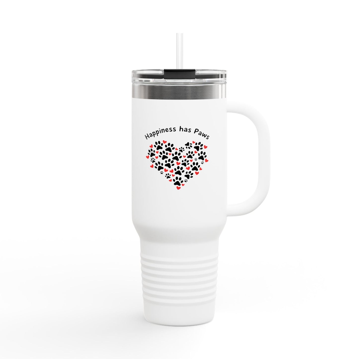 40oz Insulated Travel Mug — "Happiness Has Paws" Heart Pawprint Design