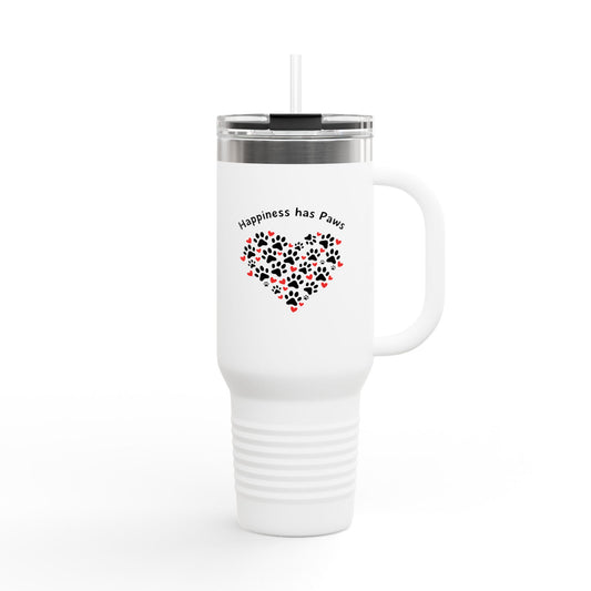 40oz Insulated Travel Mug — "Happiness Has Paws" Heart Pawprint Design