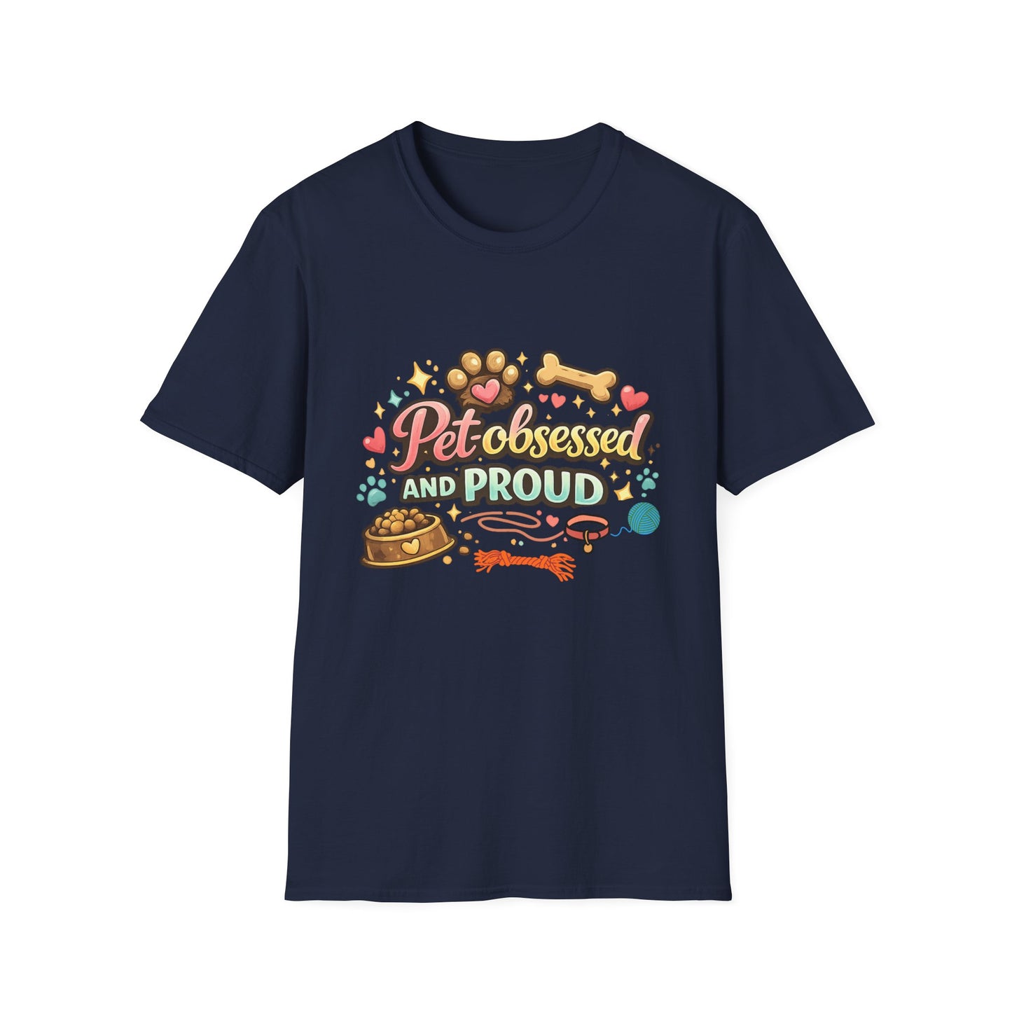 Pet Obsessed And Proud T-Shirt — Cute Paw, Bone & Bowl Graphic Tee for Pet Lovers